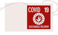 banner with covid 19 sustainable recovery red square logo