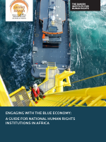 Cover of report on blue economy. Image shows a worker climbing a ladder on a sea platform, looking up at the camera, with water and a seafaring vessel in the background.