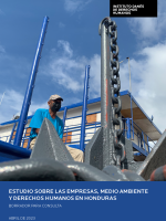 Cover of publication on business, environment and human rights in Honduras. Image shows a worker in blue shirt and gray cap, with a face mask on against a blue sky and industrial surroundings.