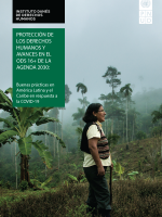cover from publication proteccion de los derechos humanos showing woman standing in forest area