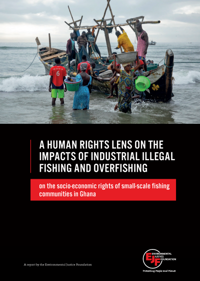 Cover of A Human Rights Lens on the Impacts of Industrial Illegal Fishing and Overfishing. Top half of image shows a fishing boat at a coastline, with people standing on the boat and in the water
