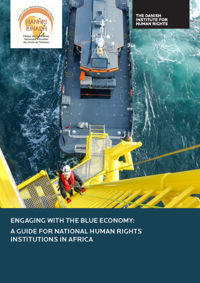Cover of report on blue economy. Image shows a worker climbing a ladder on a sea platform, looking up at the camera, with water and a seafaring vessel in the background.