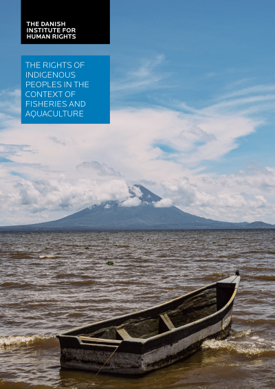 Cover of publication on the rights of indigenous peoples in the context of fisheries and aquaculture. The photo shows a small boat in water in the foreground and a tall mountain far away in the background.