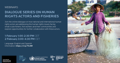 Digital flyer for webinar series on human rights actors and fisheries, photo shows woman in purple clothing standing with fishing net