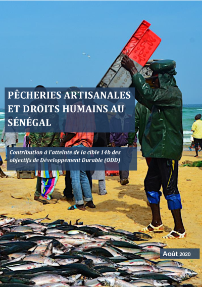 Cover of french publication on small-scale fisheries and human rights in Senegal. Image shows Senegalese fishers dumping crates of fish on a beach with sea in background.