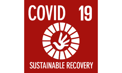 Shows a red logo with the SDG wheel and the text: COVID-19 sustainable recovery
