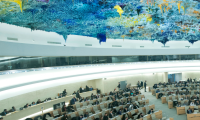Picture shows the Un conference hall in Geneve with the characteristic ceiling