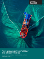 Cover of Publication on Human Rights Impacts of Fisheries Subsidies. Aerial photograph of orange fishing boat with fishing net cast out in the blue water surrounding it