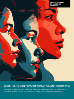 Cover of a publication on the right to defend rights in Honduras. Image is an AI-generated illustration of three faces in profile view with blue and red shading.
