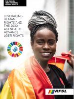 Cover of the report: "Leveraging human rights and the 2030 Agenda to advance LGBTI rights" shows a smiling woman with a rainbow flag around her shoulders