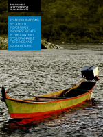 Cover of publication on states obligations related to indigenous peoples rights in the context of fisheries and aquaculture. The photo shows a small, empty boat in water.