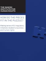 Cover of publication on EU regulatory initiatives related to business and human rghts. Background is dark blue with a blue jigsaw puzzle piece 