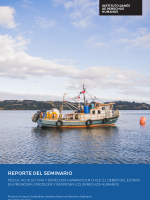 Front cover of outcome report of seminar on fisheries, aquaculture and human rights in Chile. Image shows a small fishing boat on water, with blue skies and clouds in background.